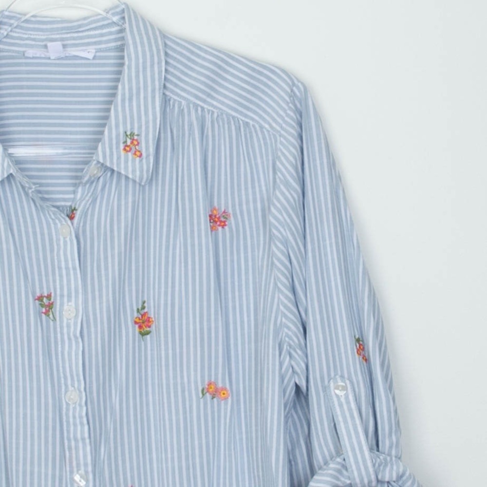 Jane +‎ Delancey Womens Striped Floral Embroidered Shirt Size 1X Blue Roll Tab - Picture 2 of 8